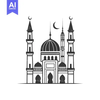Aset desain premium: A detailed monochrome graphic depicting a religious building with towe