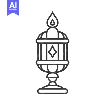 Aset premium populer: A decorative line art illustration featuring a burning ornamental lamp
