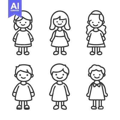 Aset premium populer: Line drawing illustrations of six different young children