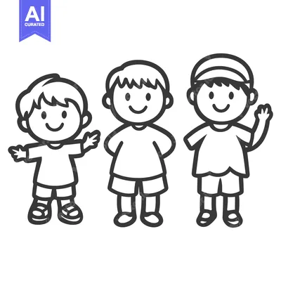 Aset desain premium: Three smiling children standing side by side in line art