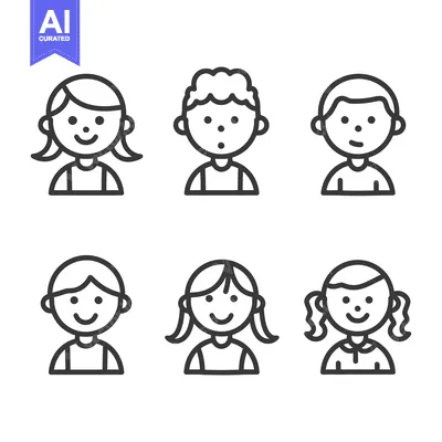 Aset desain premium: Six distinct and smiling child icons are depicted simply in outline st