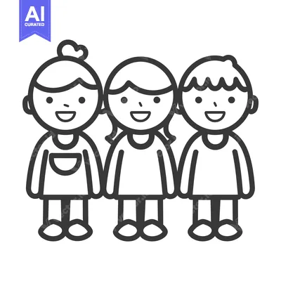 Aset desain premium: Three smiling cartoon children standing closely together and holding h