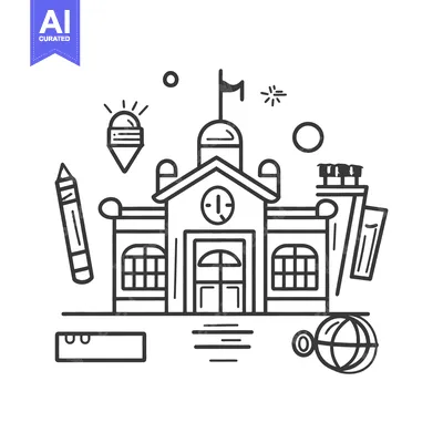 Premium design asset: A simple line drawing of a school building and related items
