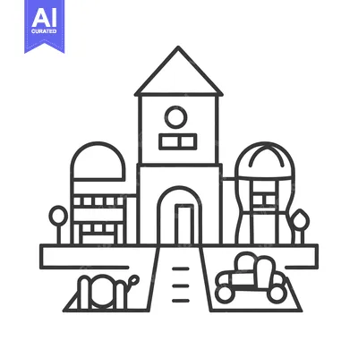 Premium design asset: Black and white illustration of a farm scene and buildings