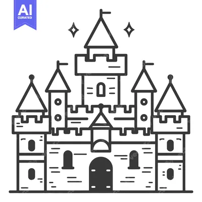 Aset desain premium: A detailed black and white illustration depicting a fantasy castle