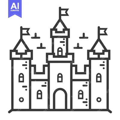 Simple outline illustration of a medieval castle with flags and towers