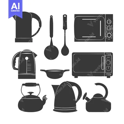 Aset desain premium: Kitchen and Cooking Appliances Silhouette Icons Set