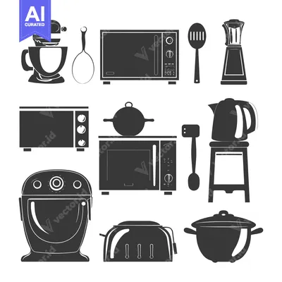 Aset desain premium: Kitchen Appliances and Utensils Silhouette Icons