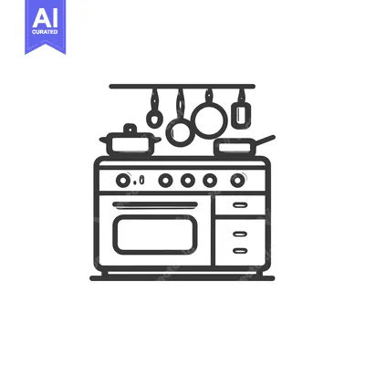 Aset premium populer: Kitchen Stove Icon with Hanging Utensils, Minimalist Line Art