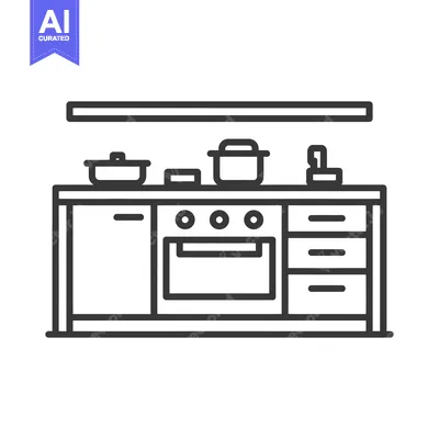 Premium design asset: Kitchen Counter with Stove, Pots, and Drawers - Minimalist Line Art