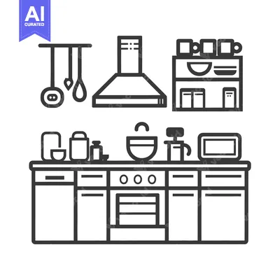 Premium design asset: An illustrative black and white kitchen design with various cooking to
