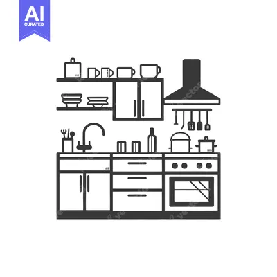 Aset premium populer: Simple black and white illustration of a complete kitchen setup
