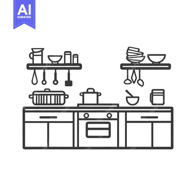 Aset premium populer: A simple outlined illustration of a modern kitchen scene