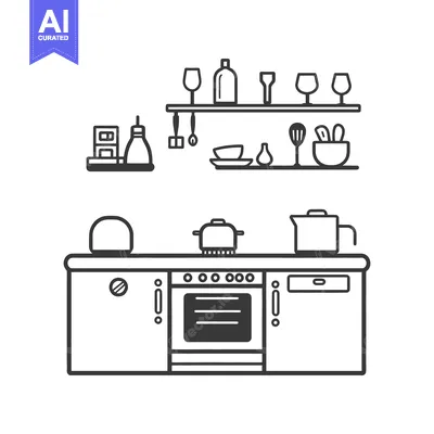Premium design asset: Black and white minimalist line drawing of a kitchen