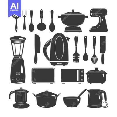 Kitchen Utensils and Appliances in Black Silhouettes