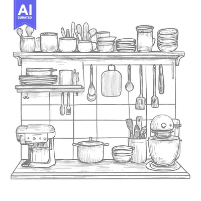 Kitchen Utensils and Appliances on a Countertop and Shelves