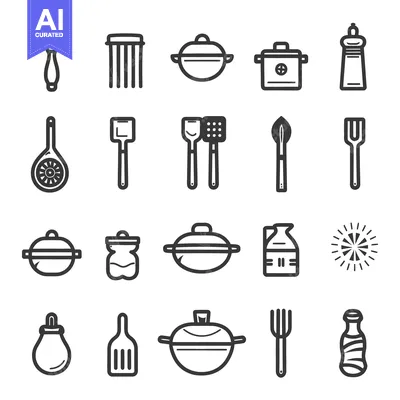 Various kitchen utensils and cooking instruments arranged in a grid fo