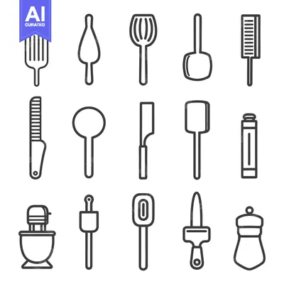 Various minimalist line art illustrations of kitchen utensils and tool