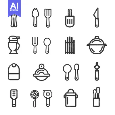 Aset premium populer: Simple line art icons representing various kitchen cooking utensils
