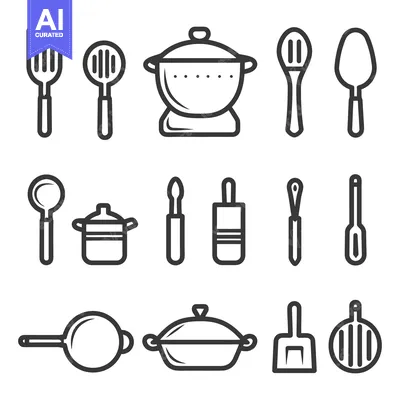 Aset premium populer: Black and white outline illustrations of cooking utensils and cookware