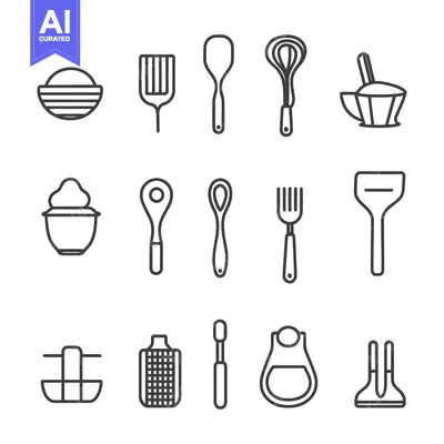 Popular premium asset: Simple black and white illustrations of various kitchen utensils for c