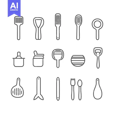 Simple line art image of different cooking and kitchen tools