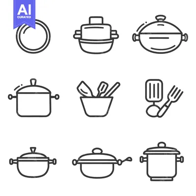 Aset desain premium: Simple line art depictions of cooking utensils and cookware
