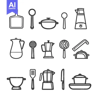 Aset desain premium: Simple monochrome drawings illustrating kitchen utensils and cookware