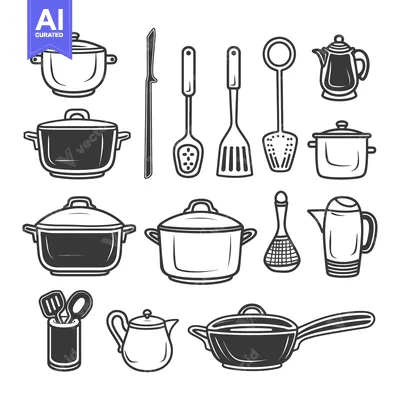 Aset desain premium: Monochrome drawings depicting various culinary utensils and cookware i