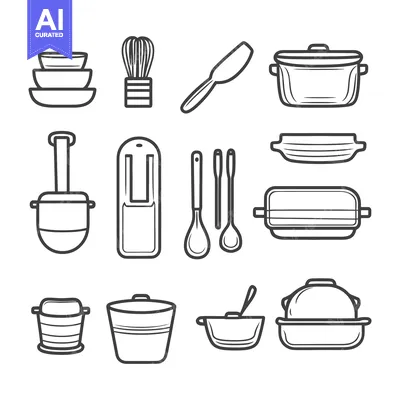 Black and white illustrations of various kitchen tools and utensils