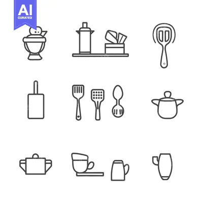 Aset premium populer: Various line art illustrations depicting diverse kitchen utensils and