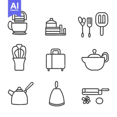Aset premium populer: Simple and minimalistic vector illustrations showcasing household kitc