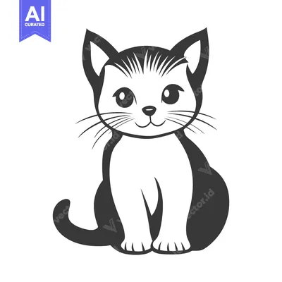 Aset desain premium: A charming black and white illustration of a sitting cartoon cat