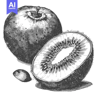 Popular premium asset: A Detailed Engraving of a Whole and Halved Kiwi Fruit