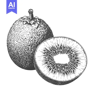 Aset desain premium: Whole Kiwi Fruit and a Sliced Half Showing Interior Detail
