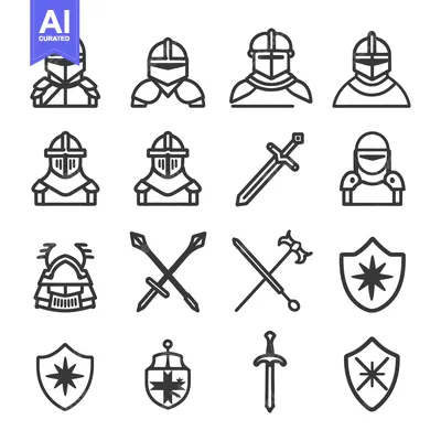 Aset desain premium: Knight Armor, Swords, and Shields Icon Set