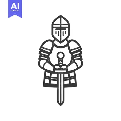 Aset desain premium: A stylized image of a knight in full armor with sword
