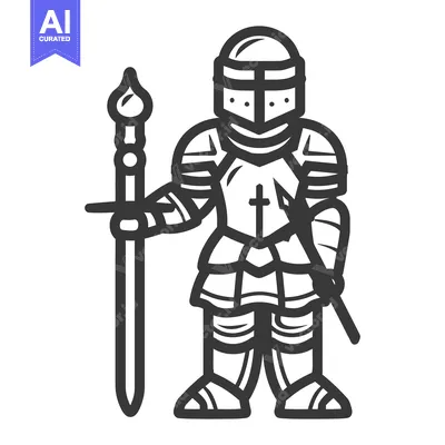 A standing illustration depicts a knight in full armor holding weapons