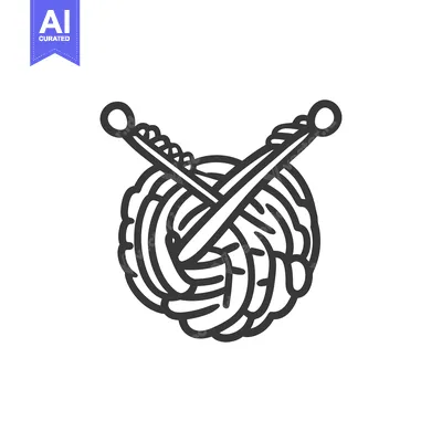 A ball of yarn with knitting needles crossed in front