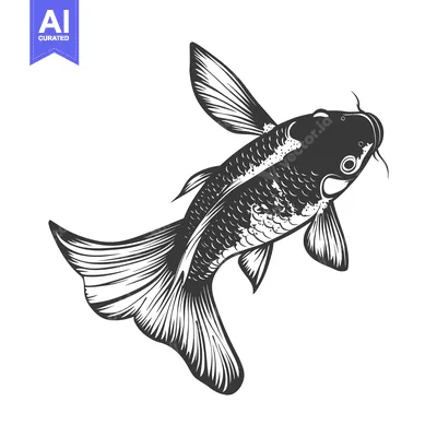 Aset desain premium: A black and white illustration shows a swimming koi fish