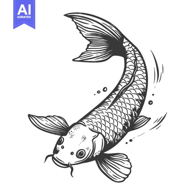 Premium design asset: Detailed black and white drawing of a swimming fish