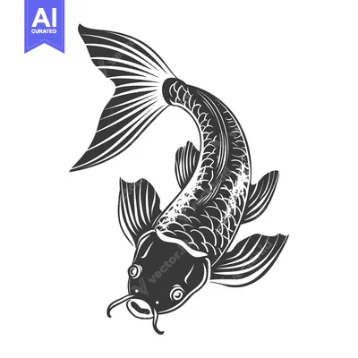 Aset premium populer: The detailed illustration depicts a koi carp in a black and white styl
