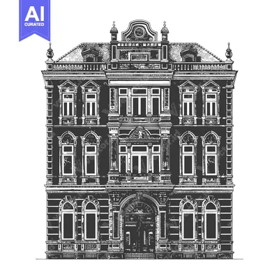 Aset desain premium: An Elegant Black And White Drawing Of A Grand Building