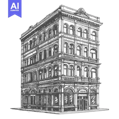 Elegant Victorian Era Building Architectural Drawing
