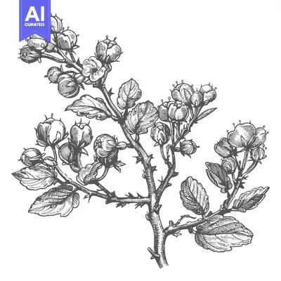 Aset premium populer: Detailed Engraving of a Thorny Branch with Buds and Leaves
