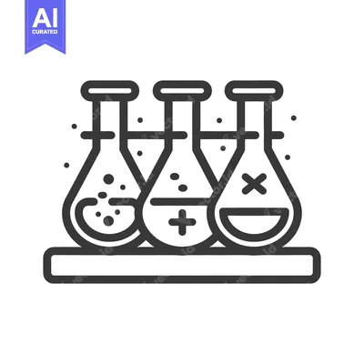 Aset desain premium: Three lab flasks holding liquids and symbols on a tray