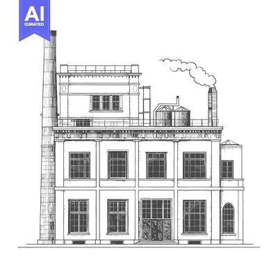 Premium design asset: Industrial Building Sketch with Tall Chimney and Smoke