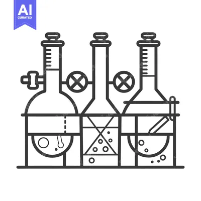 Aset premium populer: Illustrated black and white chemistry flasks within a simple lab setup