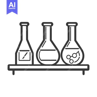 Aset premium populer: Three different laboratory flasks displayed on a shelf illustration