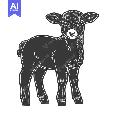 Aset desain premium: A black and white illustration depicting a young farm animal standing